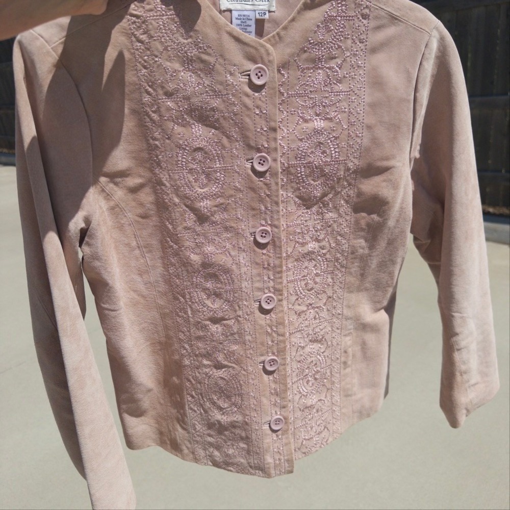 Coldwater Creek Leather Jacket Womens 12P Tan Embroidered Suede Button Up Coat